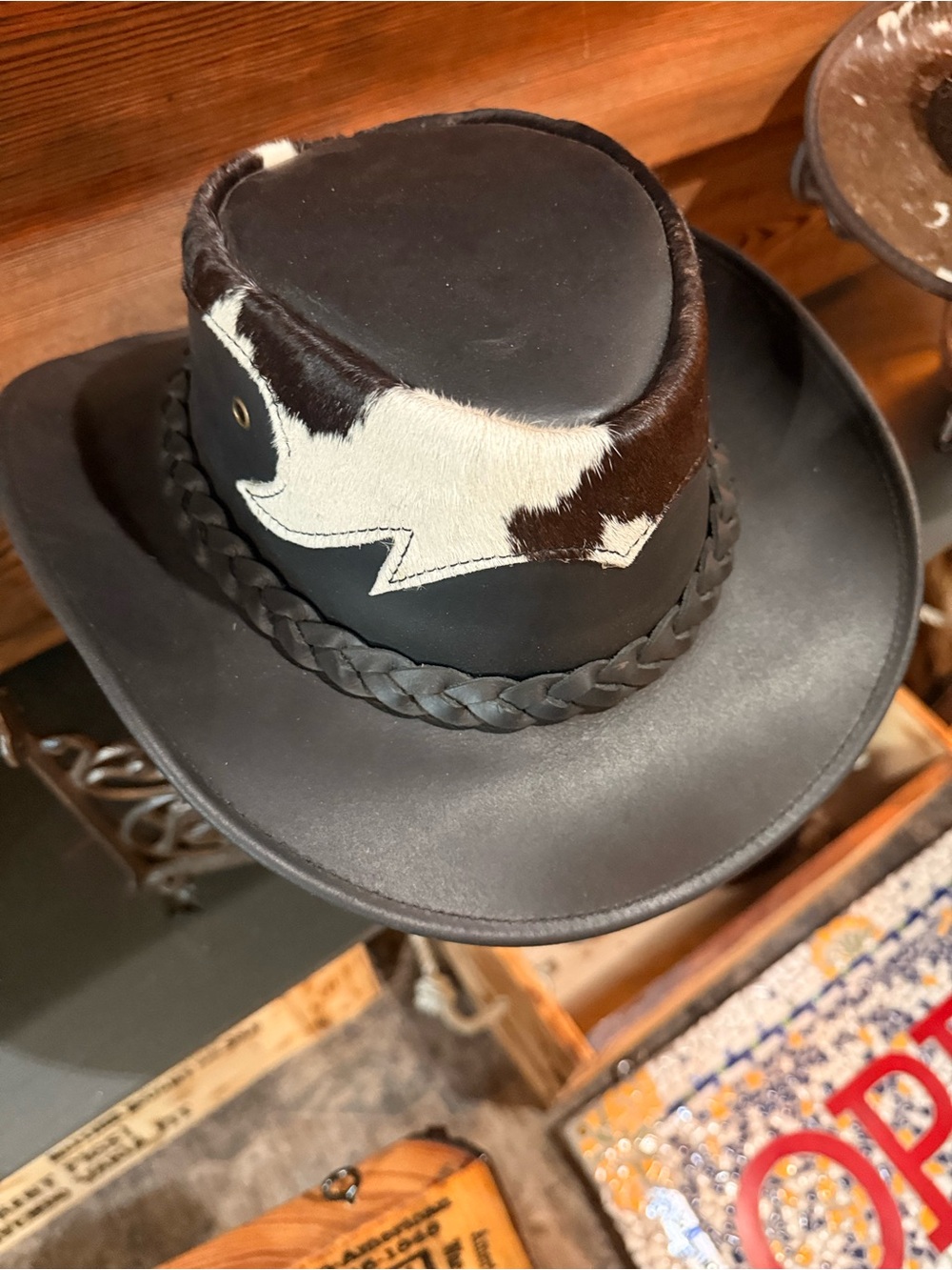 Size Medium & Black Leather Western Hat with Brown and Cream Hair-On Hide Trim